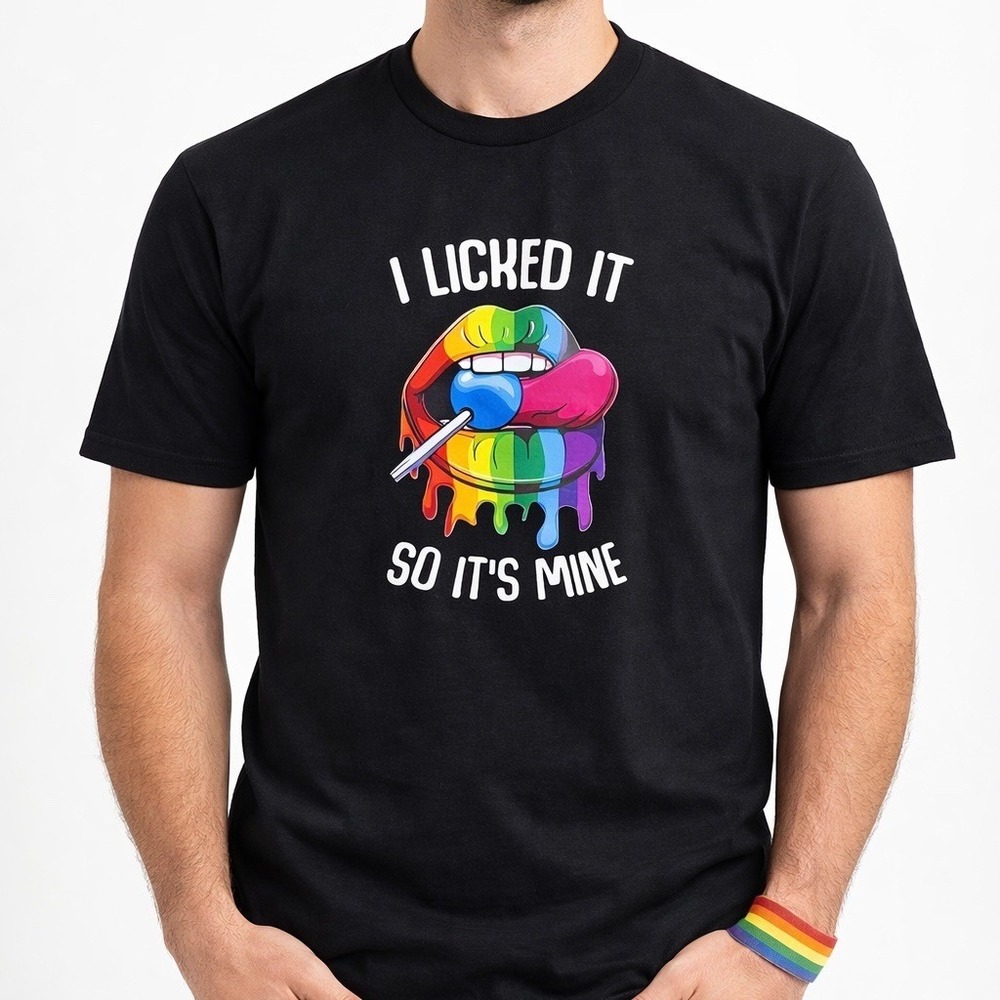 Graphic Tee I Licked It So Its Mine Rainbow Lips Crew Neck T-Shirt Black Size M - Picture 2 of 6